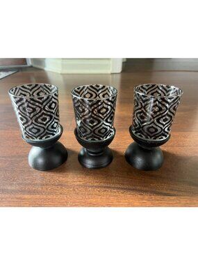 Interiors By Design Black Glass Candle Holders Set of 3 Geometric